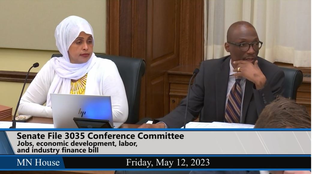 Co-chairs Rep. Hodan Hassan, left, and Senate President Bobby Joe Champion listen to a walkthrough of the 274-page agreement on the jobs, economic development, labor, and industry finance bill during a May 12 hearing. (Screenshot)